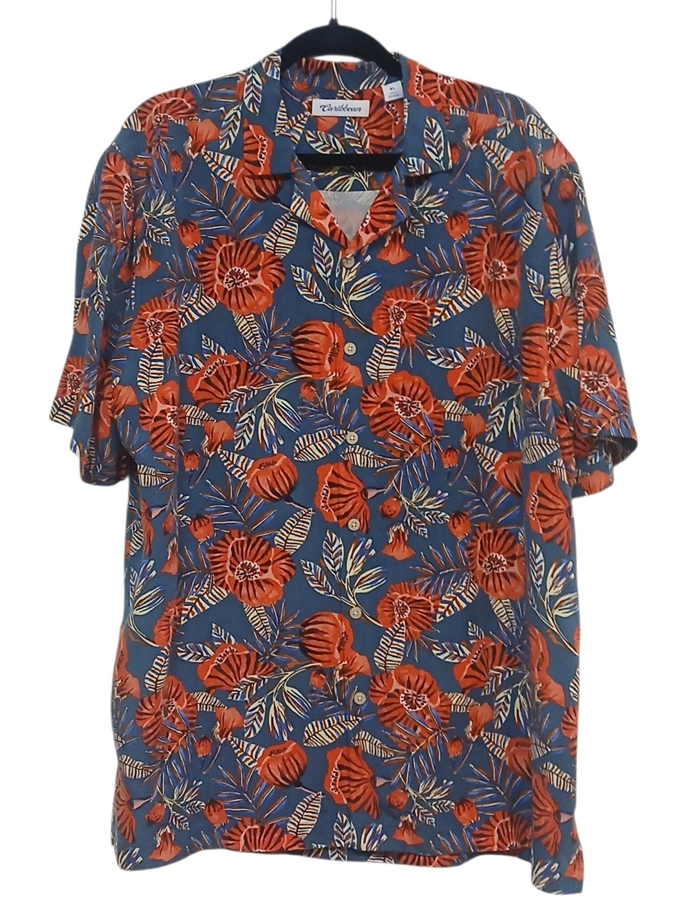 Caribbean -Men's Navy Blue Tropical Floral,Short-Sleeve Button-DownShirt, Pocket - Picture 4 of 8